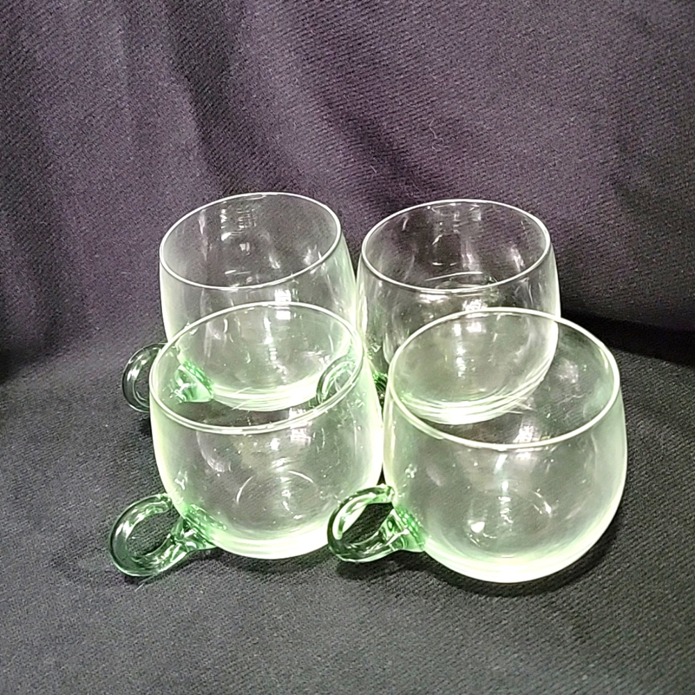 Set Of Three Hand Blown Clear Glass With Green Handles Espresso Cups